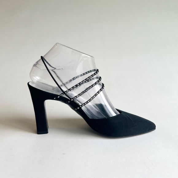 Stuart Weitzman Black Satin Rubber Straps Glitter Stone Close Toe Heels size 7.5 - Picture 3 of 14